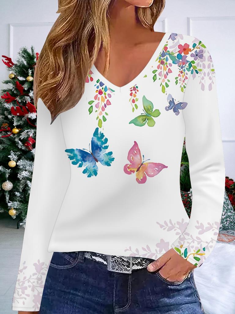 3D Flower Printed Fashion Casual Women's V-Neck Long Sleeve T-Shirt - New Year Party Clothing Holiday Gift