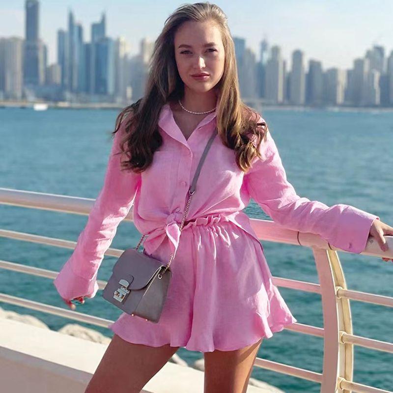 

Fashion Wind Loose Long Sleeve Shirt Ruffles Shorts Suit Long Sleeve Shirt Shorts Set Pink S