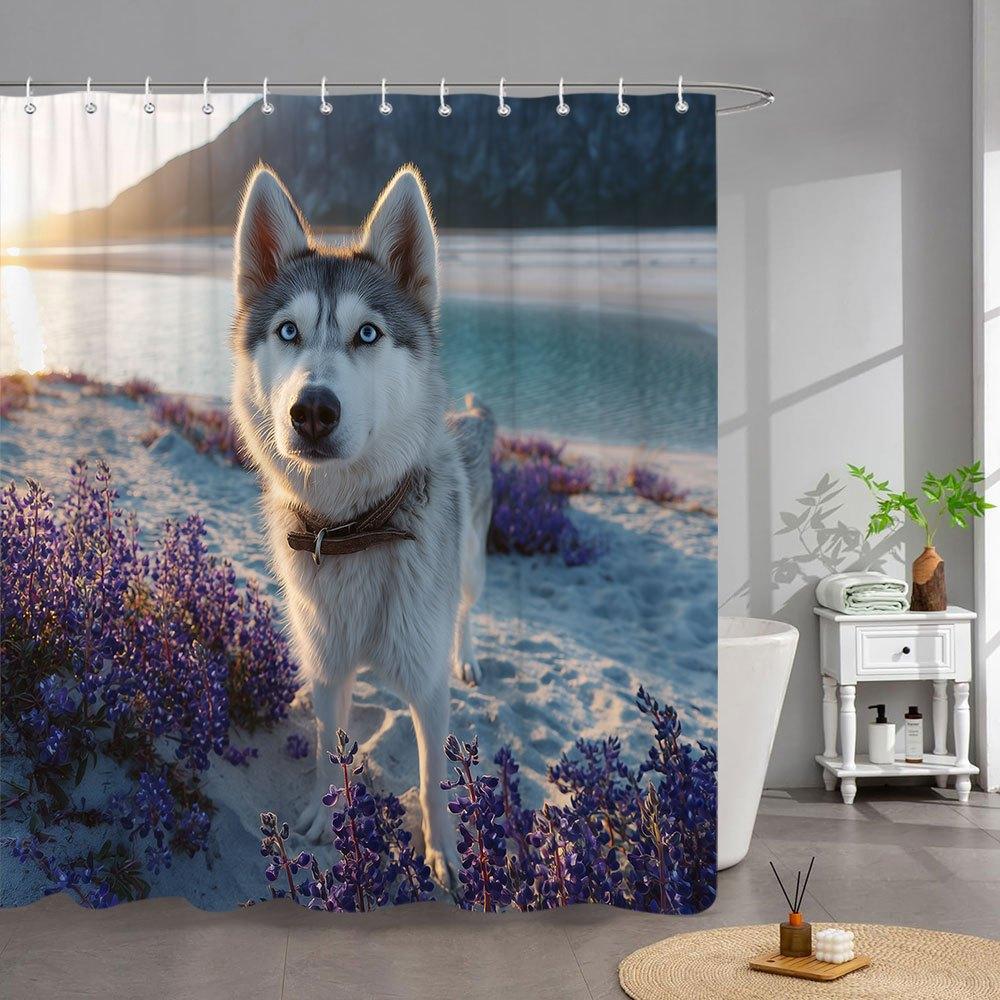 1Pc Siberian Husky Shower Curtain - Striking Blue-Eyed Dog On Sunset Beach With Purple Wildflowers & Mountain Lake Landscape W60H190(CM)-1 Pcs