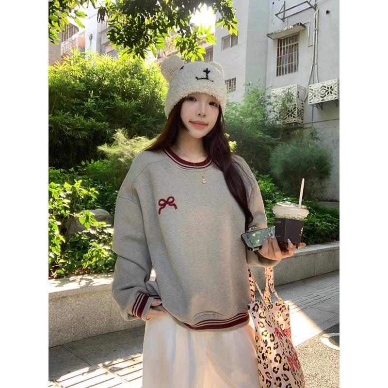 Women s Spring and Autumn Loose Round Neck Long Sleeve Sweatshirt 2XL серый