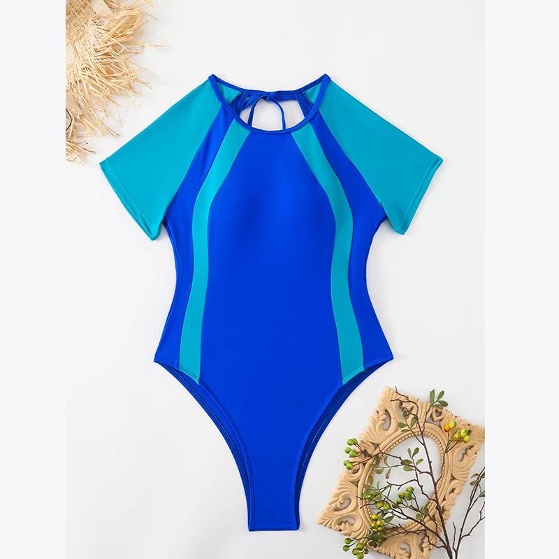 Patchwork Sport Swimwear Women Cut Out Backless One Piece Swimsuit Female Short Sleeve Bathing Suit Beachwear Monokini