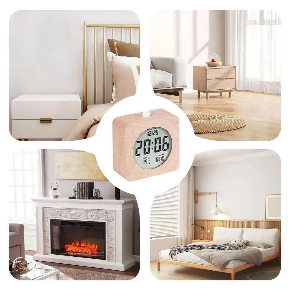 Nordic Style Wooden Alarm Clock Round/Square LCD Digital Table Clock  Table