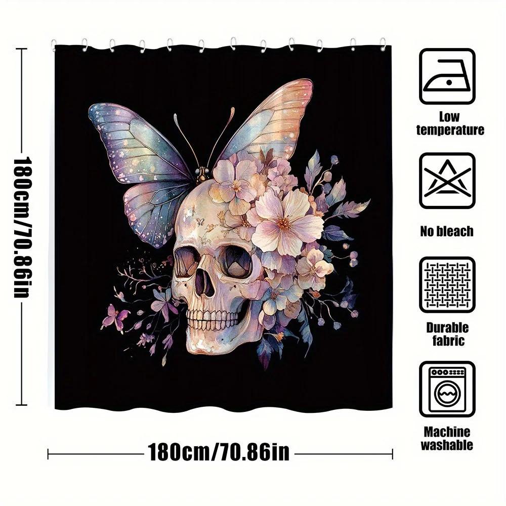 1Pc Gothic Skull & Butterflies Shower Curtain - Vibrant Blue, Purple, Pink Floral Design On Black Background, 70X70 Inches