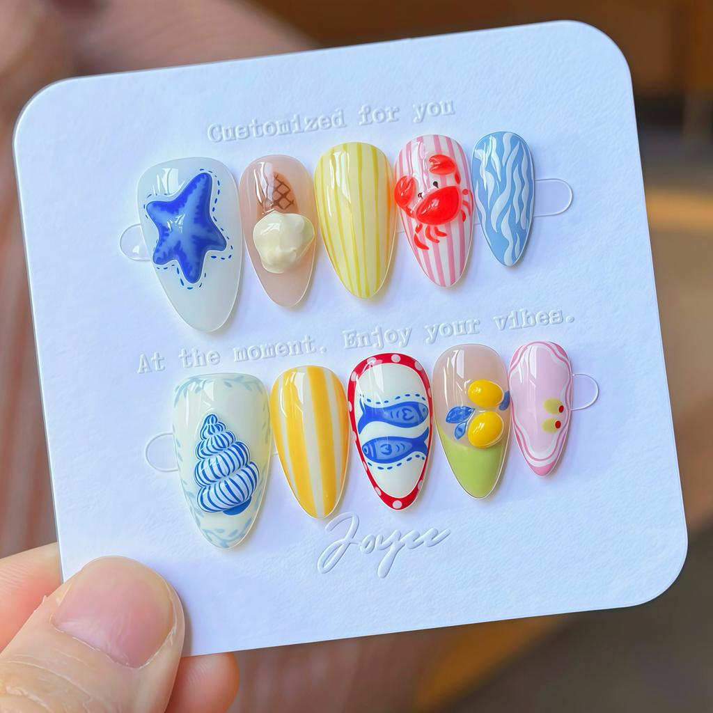 24PCS Green Cute Apple Almond Press On Nails Sweet Pink Plaid Polka Dots Fake Nails for Women with Little Bug Design False Nails