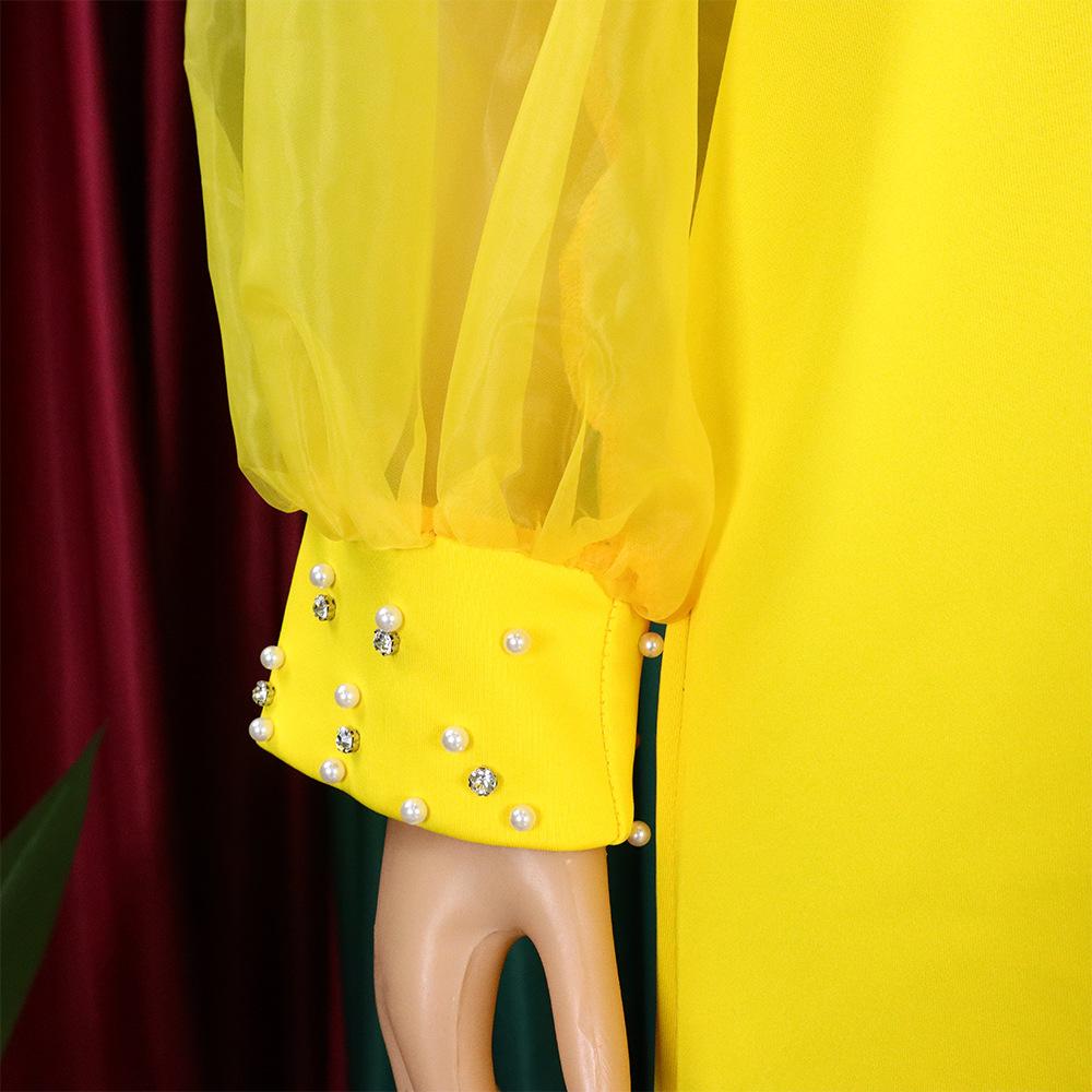 YYFS Damenmode Frühling Herbst Einfarbig Druck Langarm POLO Hals Lose Taille Casual Kleider