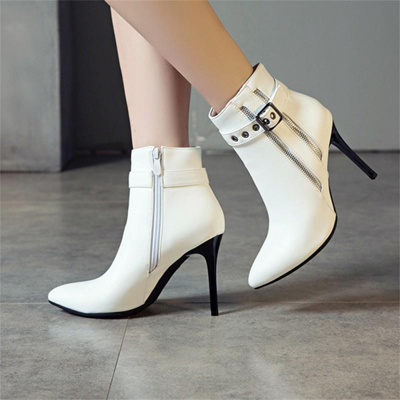 Womens Pointed Toe Stiletto Ankle Boots Side Zip Belt Buckle Short Winter Fashion Plus Size 34-50