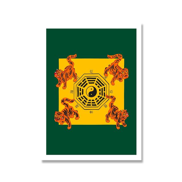 Moldura de madeira sólida Bagua Tigers Green Art Prints Animais Pintura em tela Boa sorte Tigre Pôsteres Quiromancia Cartomante Imagens de parede Decoração para casa