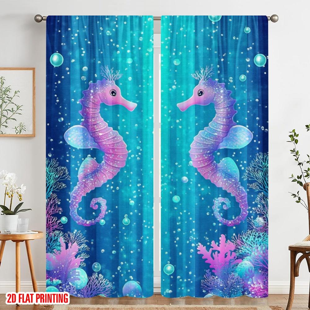 2pcs,2D plane printing Curtain Fabric Dreamy Seahorses Versatile Fabric (without rod) Festive Perfect for Study, Living Room,