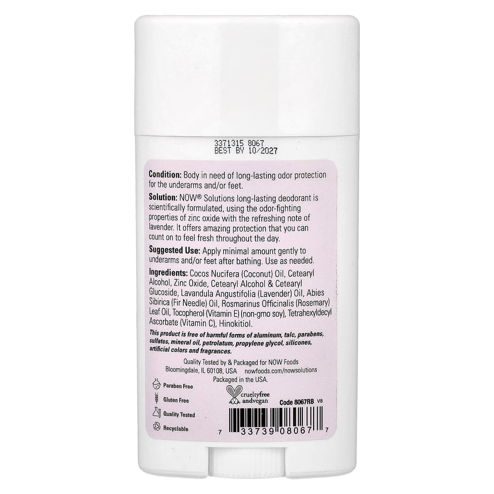 NOW Foods Solutions Long-Lasting Deodorant Stick Refreshing Lavender 2.2 oz (62 g)