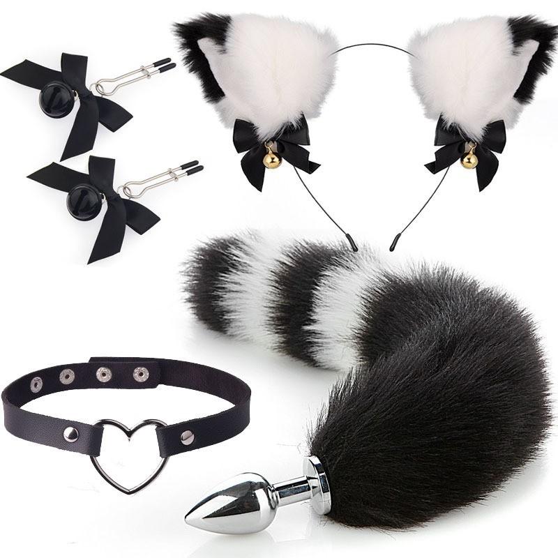 Sexy Mask Ears Barrettes Sex Product Female Supplies SM Metal Sexy Suit Fox Tail Four-Piece Set