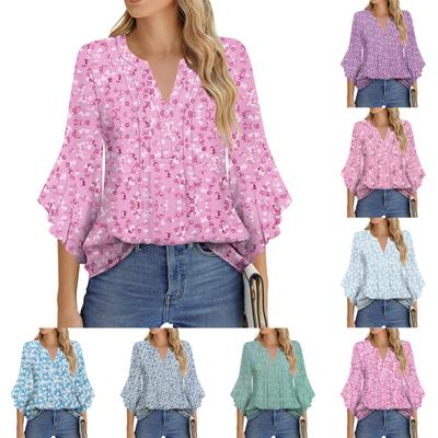 Women's Fashion Casual Pleated V-Neck Solid Color Three-quarter Sleeve T-Shirt Elegant Top