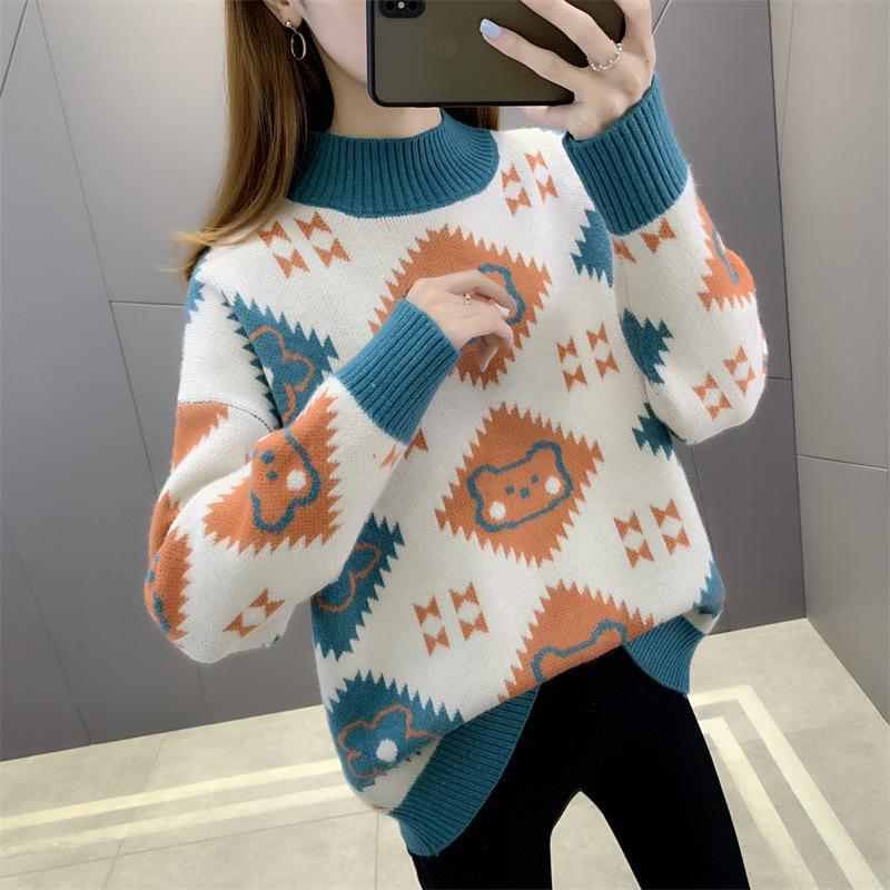 Женский модный жаккардовый свободный свитер с полувысоким воротником 2024 года One Size грязно-белый