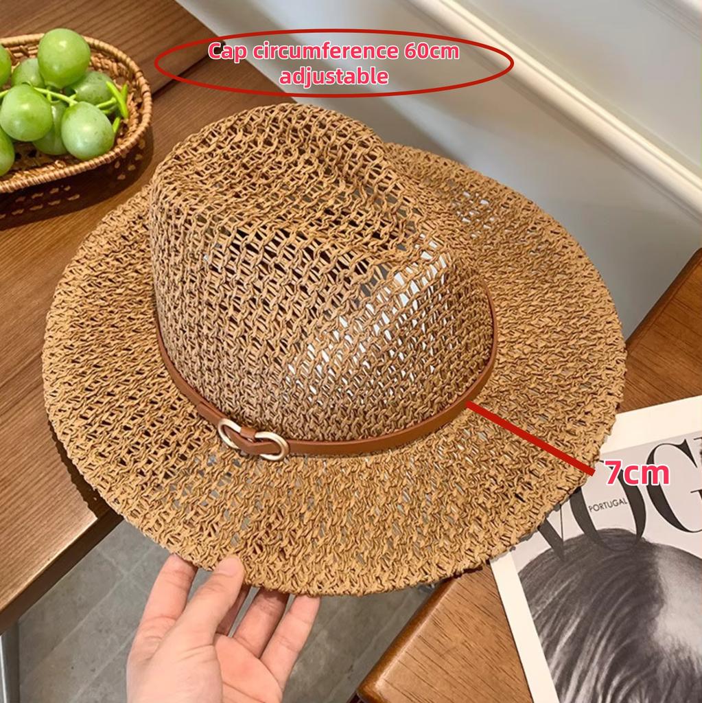 Breathable Hollow-Out Woven Straw Hat Wide Brim Fedora with Vintage Belt Buckle Sun Protection for Beach Vacation Summer