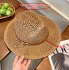 Breathable Hollow-Out Woven Straw Hat Wide Brim Fedora with Vintage Belt Buckle Sun Protection for Beach Vacation Summer