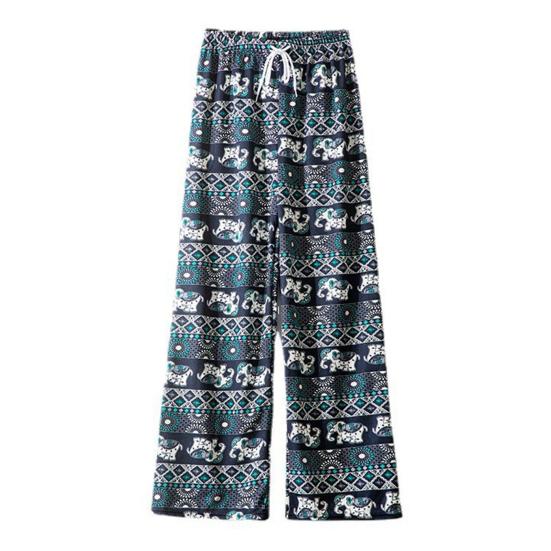 Women Casual Pants Wide Leg Elephant Print Elastic Waist Adjustable Drawstring Loose Fit Trousers Travel Work Daily Wear