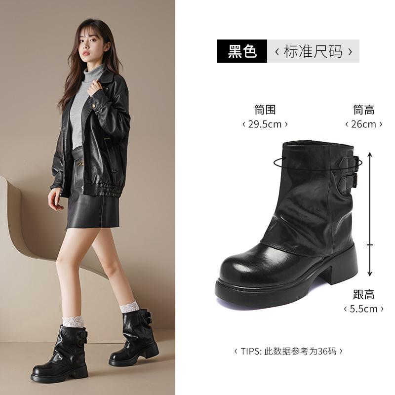 Augustine Black Martin Boots Women's 2025 New Autumn Medium Boots Martin Boots Thick-soled Western Cowboy Boots