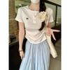 Gray lace front shoulder short-sleeved t-shirt women's summer new pleated card waist bow short top
