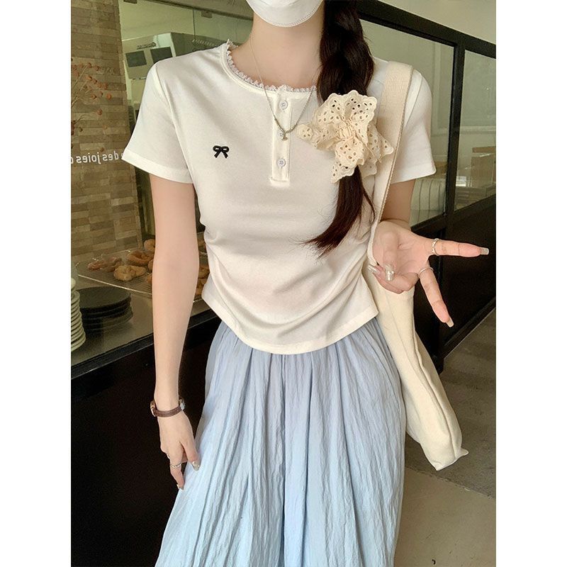 Gray lace front shoulder short-sleeved t-shirt women's summer new pleated card waist bow short top