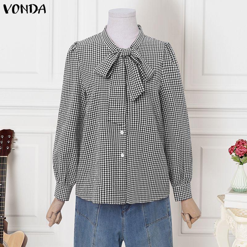 

VONDA Elegant Women Casual Bow Knot Neck Long Sleeve Plaid Blouse Shirts M чорний