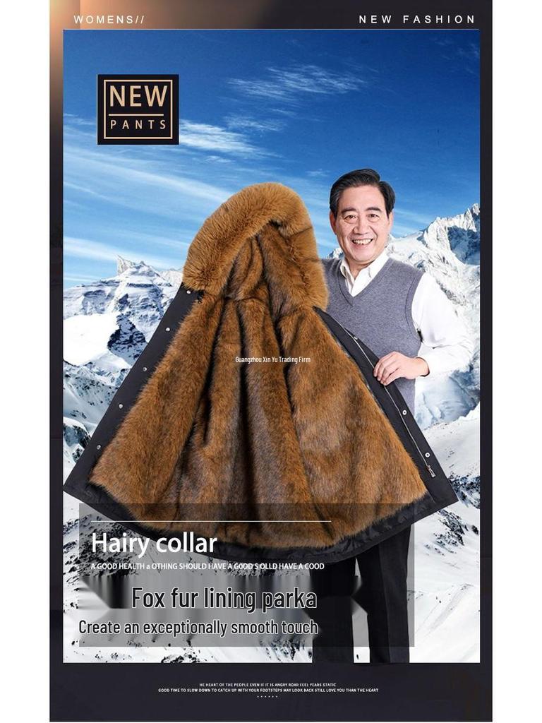Men's Mid-Length Thickened Parka with Removable Fox Fur Liner and Fur Lining - Winter Coat