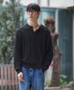 SENTAIR Damaged Cable Henley Neck Knit_Black