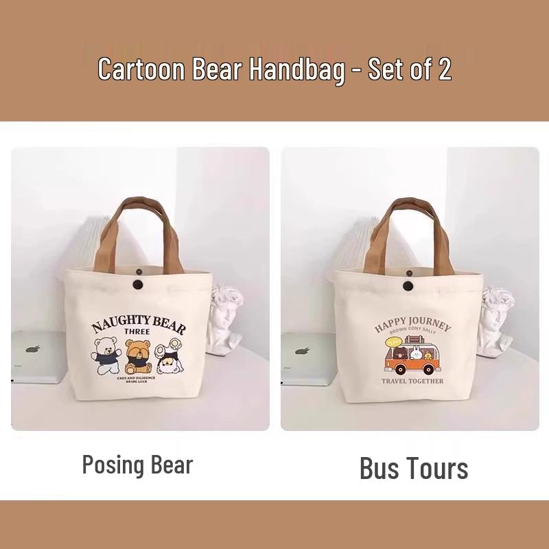 Bear Canvas Tote: Women's Versatile Printed Handbag, Portable Student Lunch and Work Bag.
