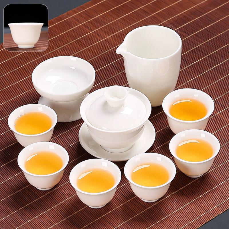 

Suet Jade Kung Fu Tea Set Home Living Room Office Light Luxury Tea High-end Gift Box Cover Bowl Teacup Complete Set