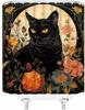 Black Cat Shower Curtain Boho Floral Vintage Flower Retro Aesthetic Mystic Witchy Moon Abstract Bathroom Curtain Set With Hooks