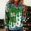 Women's Fashion Long Sleeve Denim Patchwork Pullover Sweatshirt St Patrick's Day Floral Clover Print Casual Top