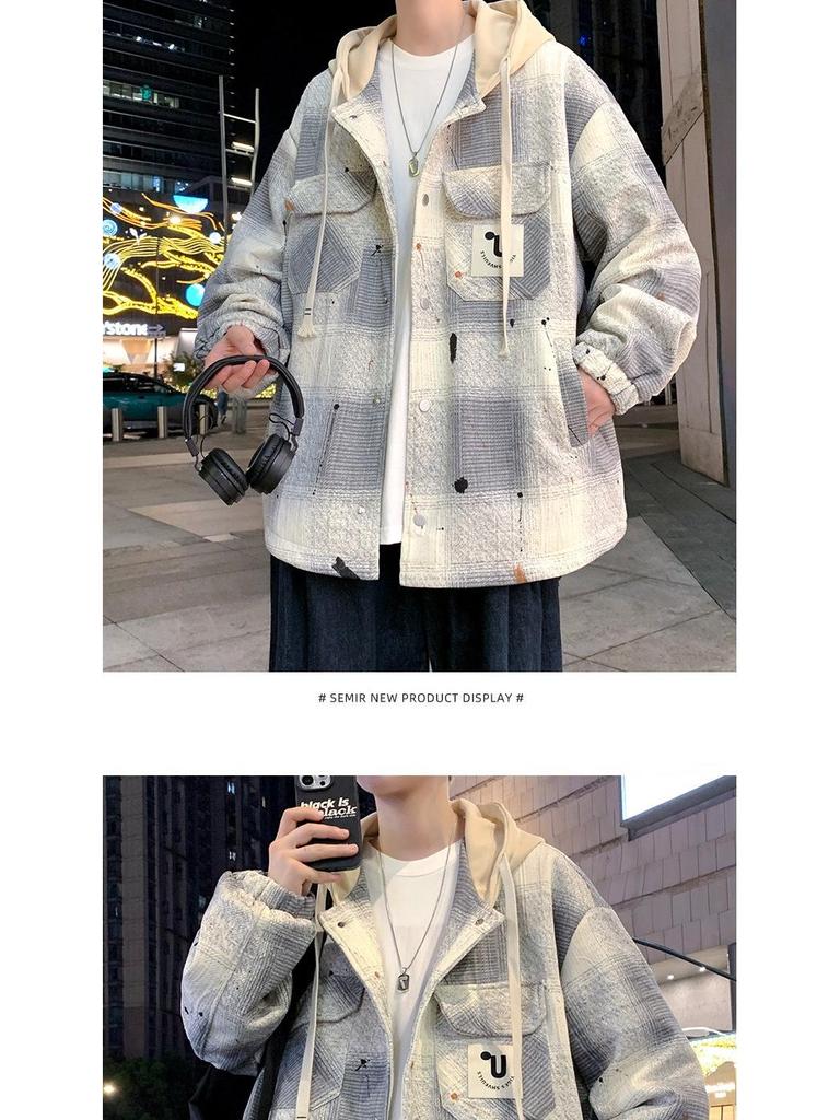 Men's Hooded Plaid Cotton Jacket - Spring/Autumn/Winter Workwear for Youth Students