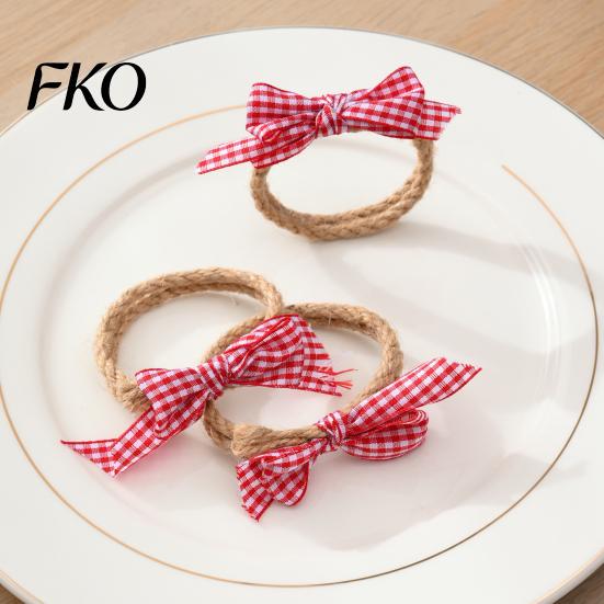Hemp Rope Napkin Ring 6Pcs Rings, Jute with Plaid Bow,Handmade Tableware Holder for Cloth Rings Dinner Napkins, Wedding Banquet Christmas Thanksgiving