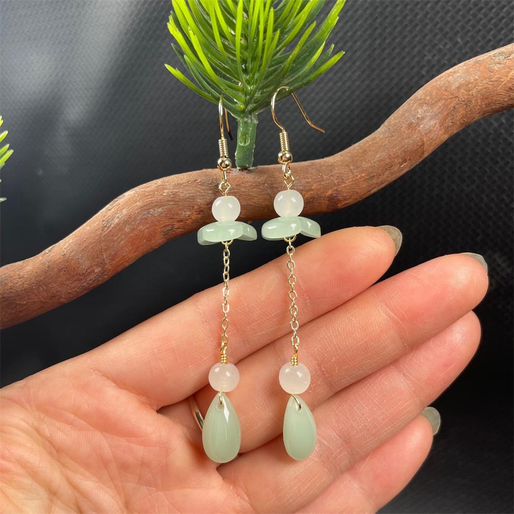 Vintage 14K Gold HeTian Jade RuYi Dropping Dangle Earring Chinese Retro Hook Earrings for Women Girl's Gift Jewelry