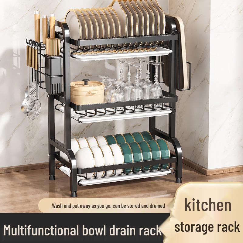 Égouttoir de cuisine multicouche pour bols, assiettes, couteaux et baguettes avec fonctionnalité d'égouttage sur le plan de travail