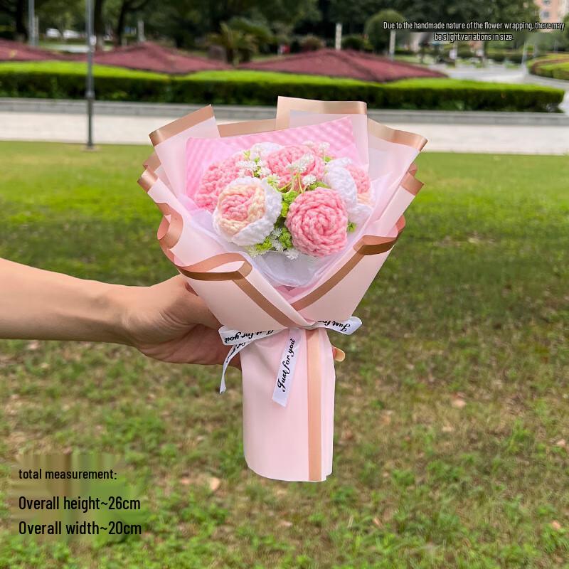 OJW Handmade Knitted Pink Rose Bouquet