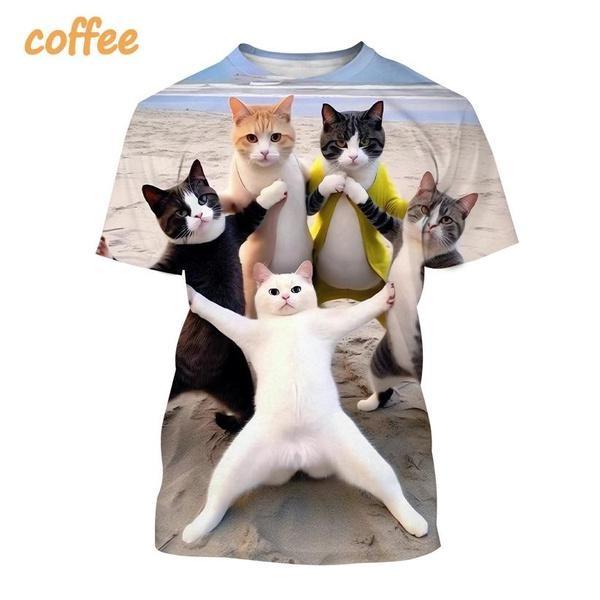 Funny Cute Cat 3D Printing T-Shirt Animal Creative Personality Interesting Street Round Neck Short Sleeve Tees Tops