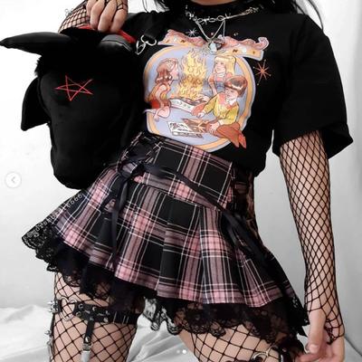 Bayan Şerit Pileli Etekler Tankı Sevimli Tatlı Kız Okul Etek Ekose Dantel Up Mini Goth Eldiven Etek Dantel