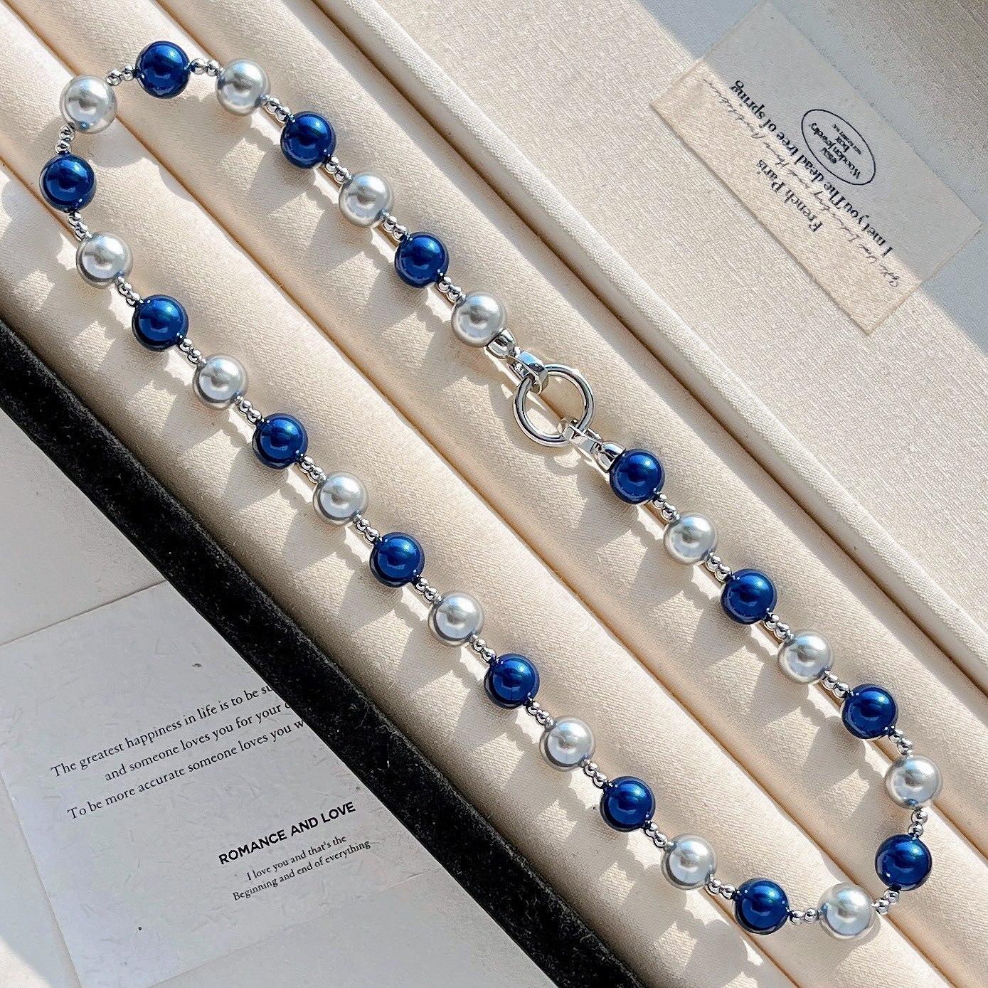 10Mm Autumn And Winter Highlight Blue Gray Tahitian Artificial Crystal Pearl Necklace Collarbone Chain