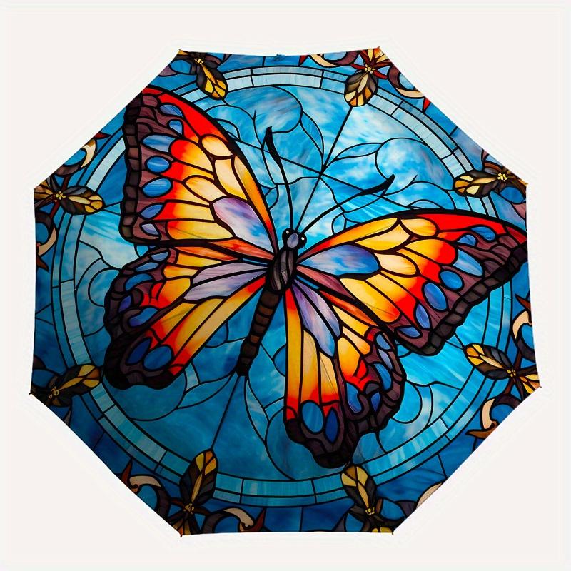 Stunning Butterfly Stained  DecorUmbrella, Portable 3-Fold Compact Umbrella,Christmas Gift ES531
