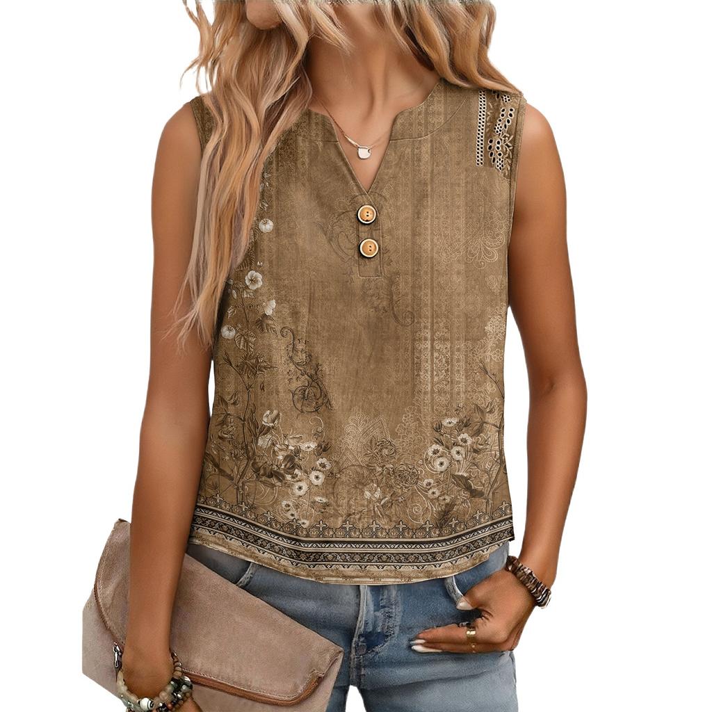 Women's Casual, Loose-Fitting, Printed, Sleeveless Linen Blouse