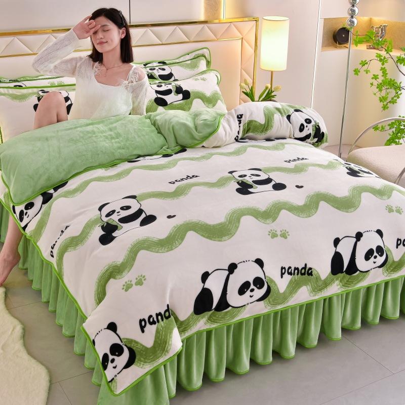 Thickened Milk Fleece Four-Piece Coral Fleece Quilt Cover, Bed Sheet Fleece Double-Sided Fleece Flannel Bedding, Bed Skirt