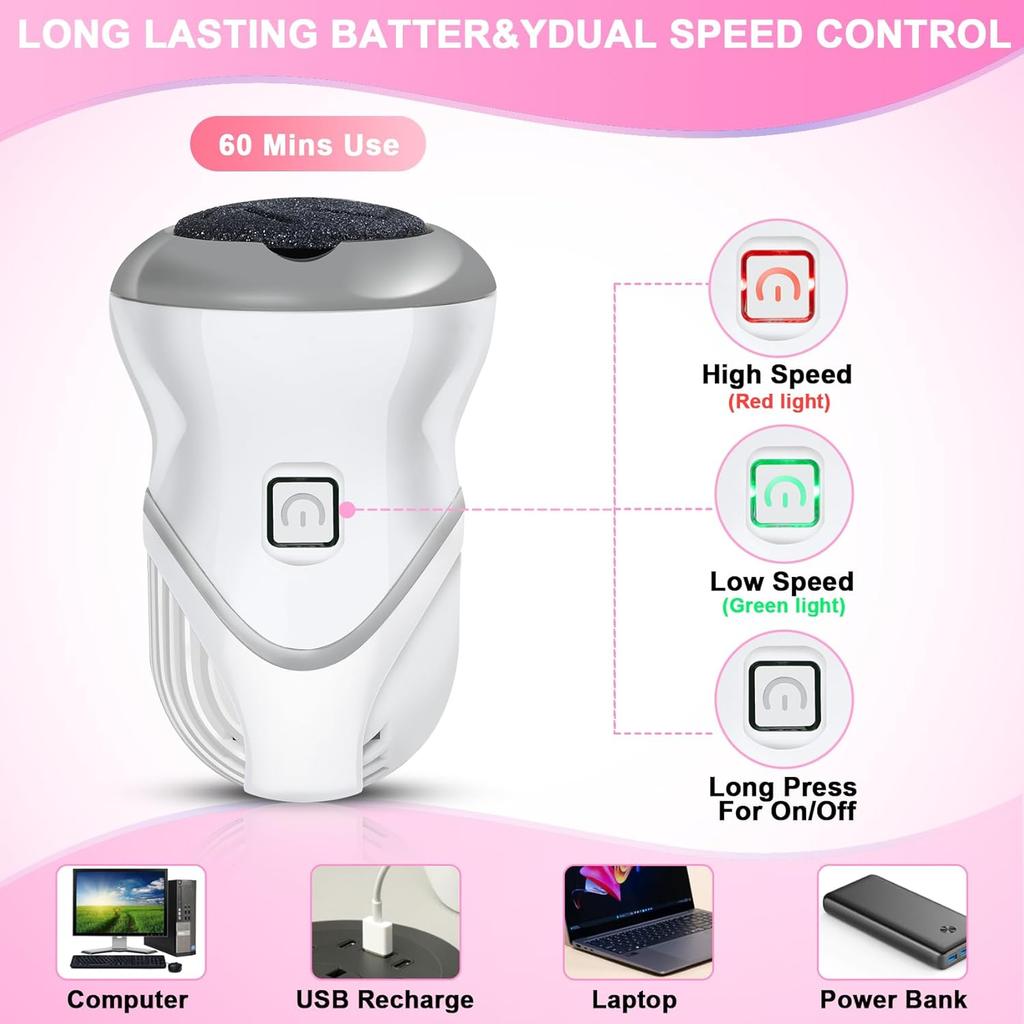 Foot Callus Remover for Women Men, Rechargeable Electric Foot File Pedicure Tool with 2 Speeds and 6 Grinding Heads, Po