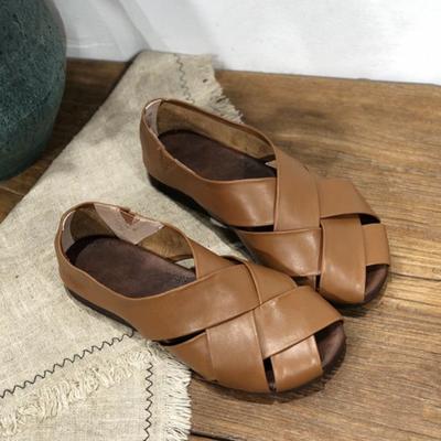 Handgemachte Rindsleder gewebte Sandalen Retro Peep Toe weiche flache Sohle echtes Leder flache Damen Slip-on-Schuhe