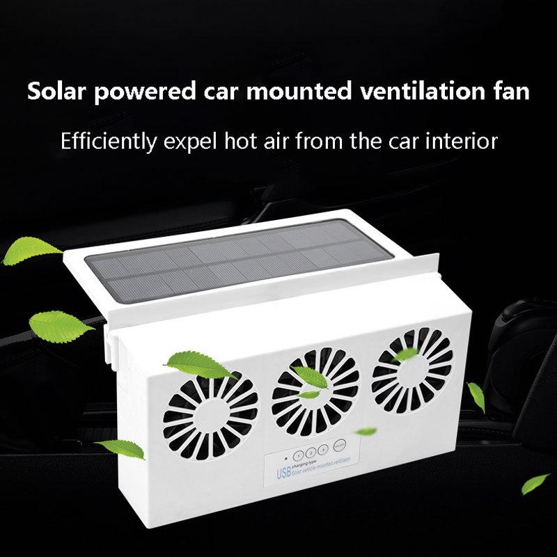Solar Car Fan USB Rechargeable Exhaust Fan Air Circulation Cooling and Heat Dissipation High Wind Power 3 Head Ventilation Fan