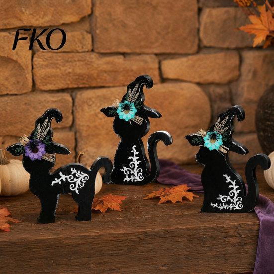 Seasonal Home Decoration 3Pcs Halloween Decoration, Black Cat Ghost Witch Hat Table Decor, Fall Decor Rustic Farmhouse Wooden Centerpieces for Office