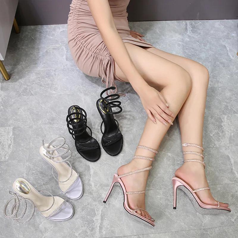 Fashion Summer Street Style CRYSTAL Ankle Strap Women Sexy Sandals Thin High Heels Open Toe Party Banquet Prom Shoes