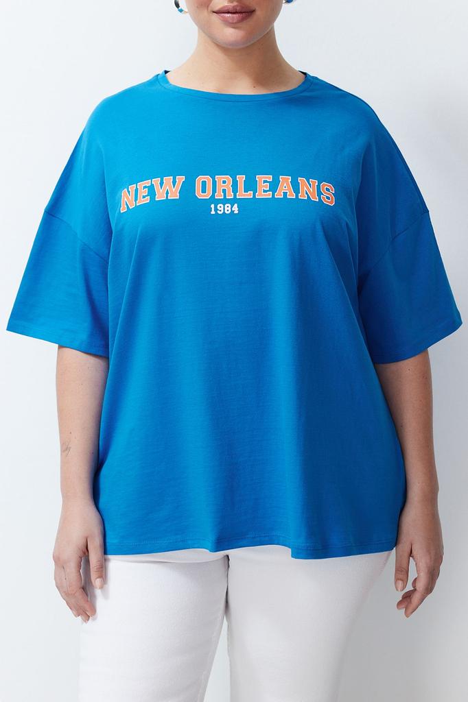 Damski Styl Plus Size Szary Melanżowy Drukowany Oversize Dzianinowy T-shirt