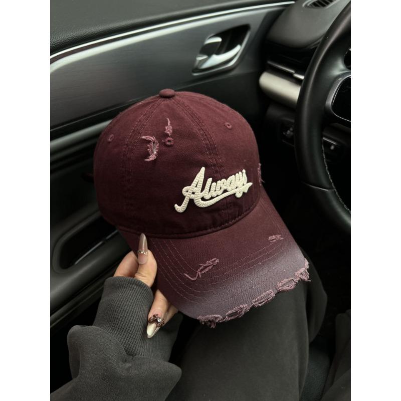 

Рваная бордовая бейсболка женская ретро большой обхват головы универсальная кепка с буквенным принтом маленькая шляпа Adjustable