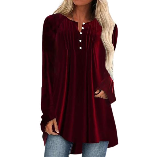 Women Velvet Shirt V-Neck Buttons Half Placket Long Sleeve Asymmetric Hem Pullover Tops Solid Color Mid-length