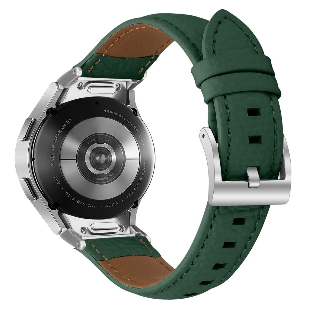 Genuine Cow Leather Strap with Connector for Samsung Galaxy Watch FE 40mm/Watch7/Watch6/Watch 5/Watch4 Litchi Texture Silver Buckle Watch Band