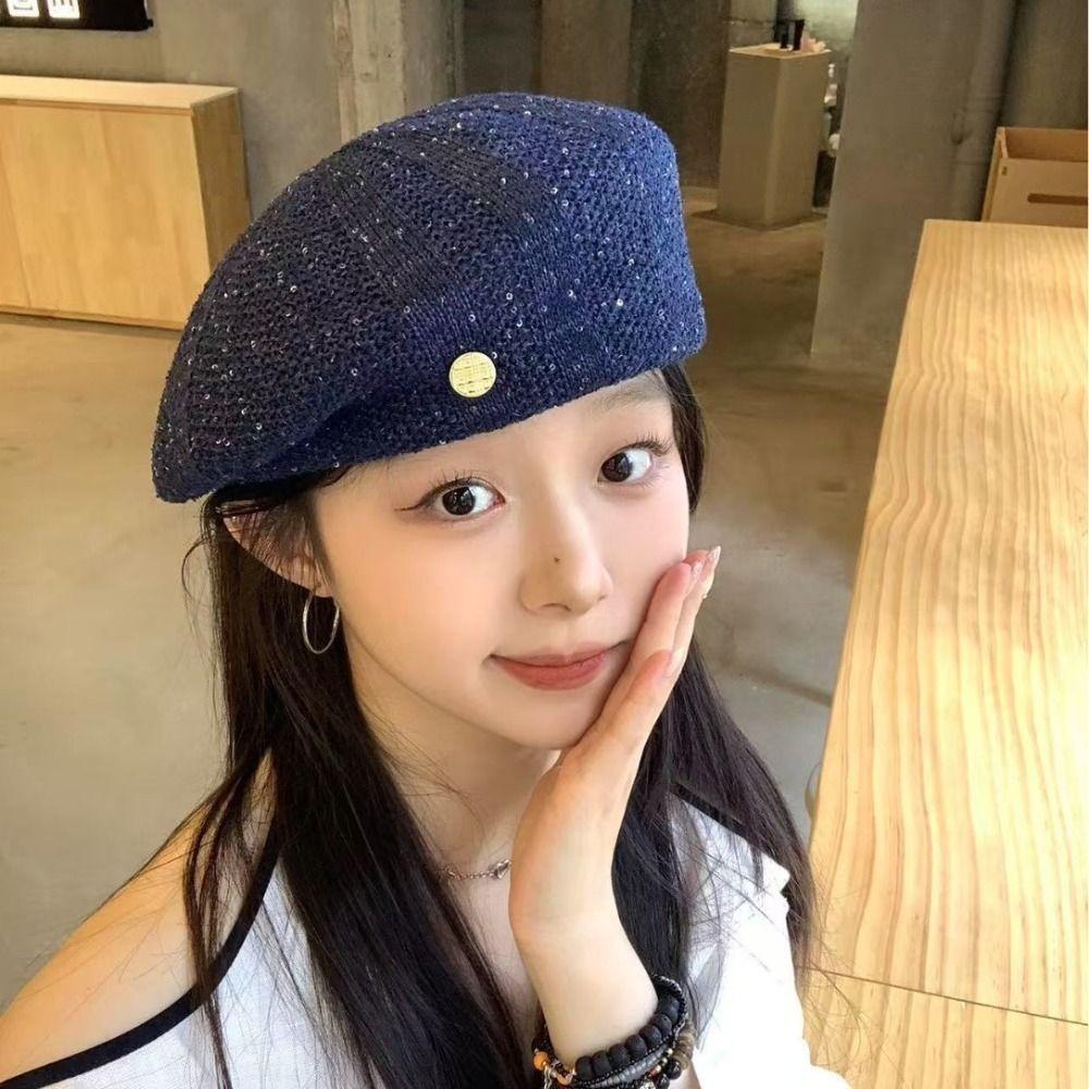 Hollowed Out Weave Hat Paillette Crochet Knitted Cap Elegant Sequin Beret Hat  Women
